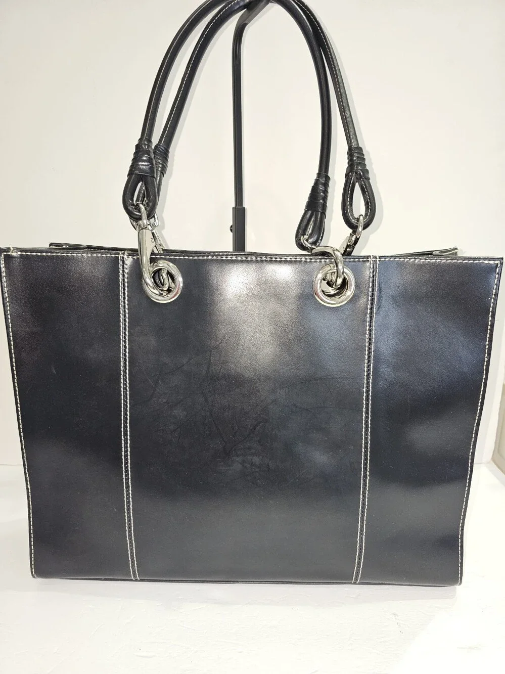 Wilsons Leather Black Leather Tote Bag with Contrast Stitching